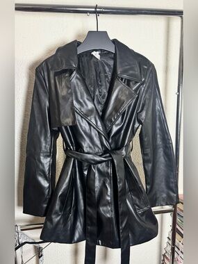 Avantlook Black Faux Leather Belted Trench Coat